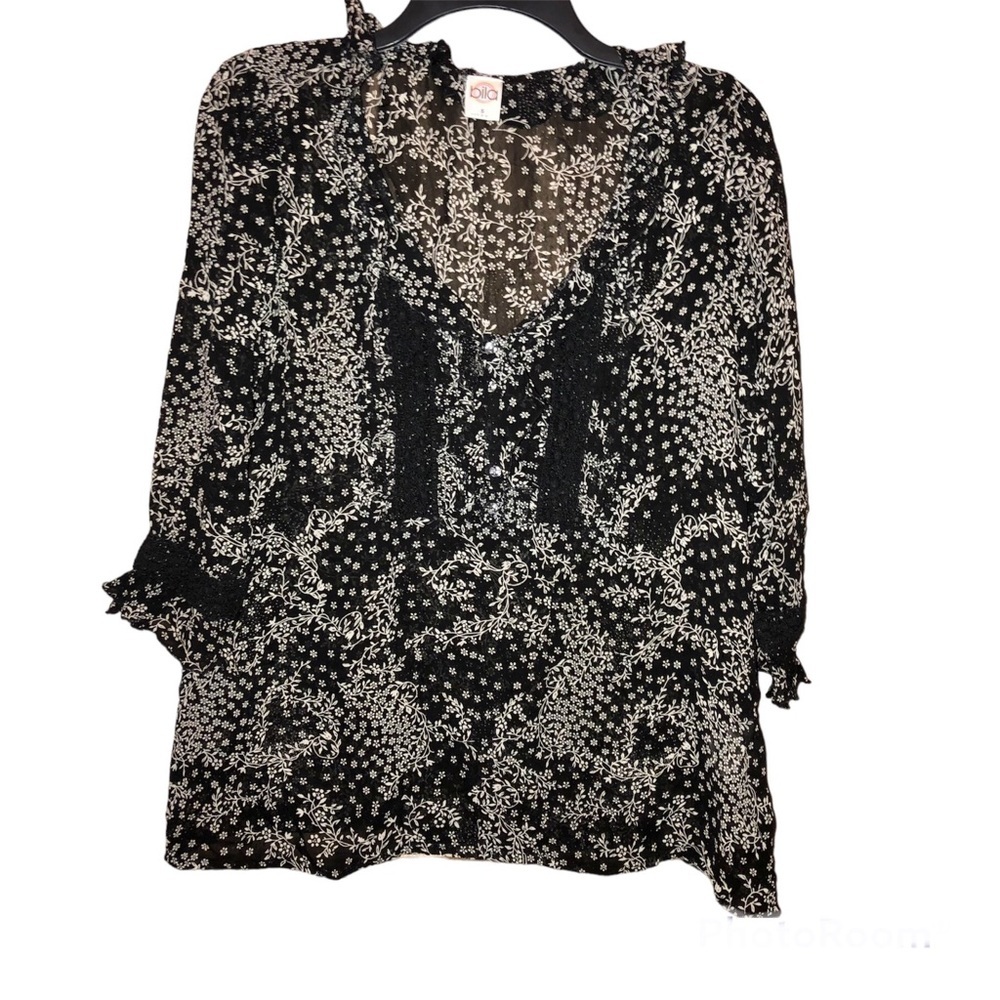 Bila Floral Sheer Blouse Black White Small